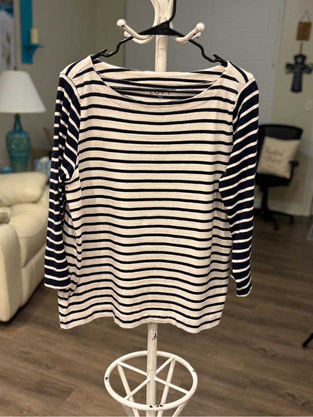 LOFT Striped Long Sleeve Boatneck Top - Navy and White